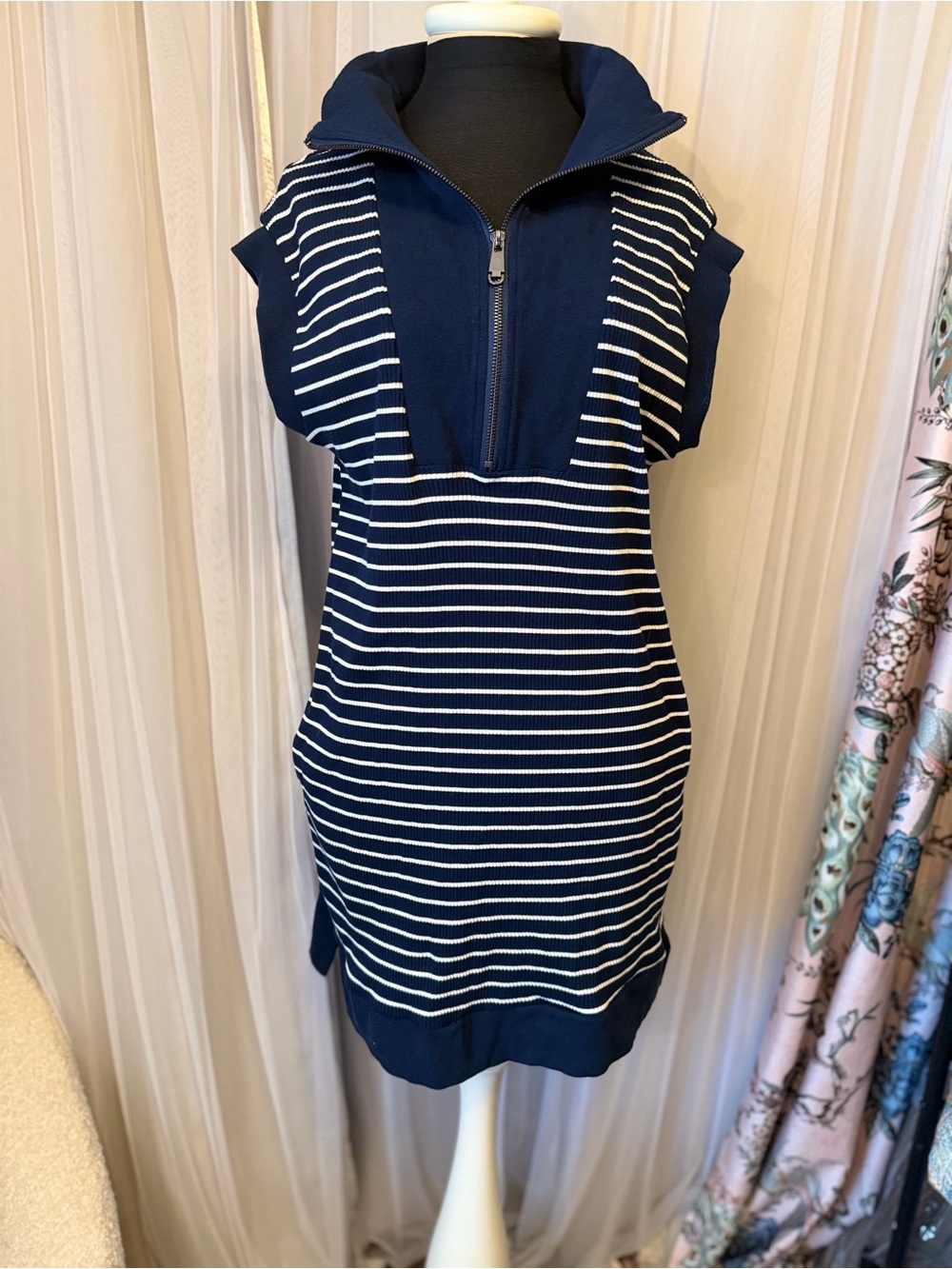 Navy & White Striped Kids' Knit Dress with Zip Collar